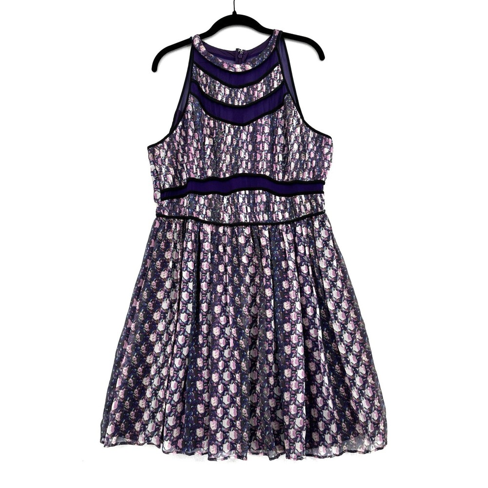 Charlie Jade 100% Silk Purple Floral Fit & Flare Cocktail Romantic Dress L NWT